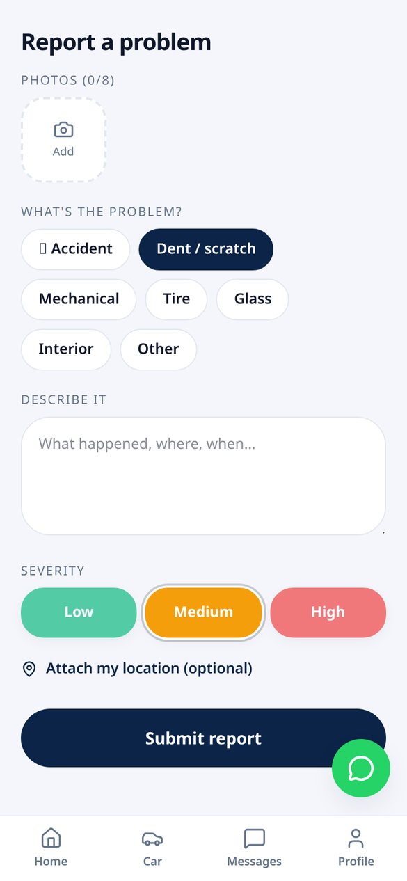 DriverHub damage report screen with photos, severity selector and location